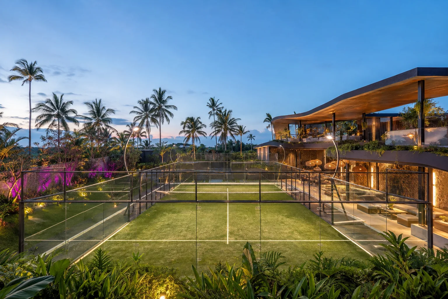 Visualisasi konsep lapangan padel resort premium bernuansa tropis