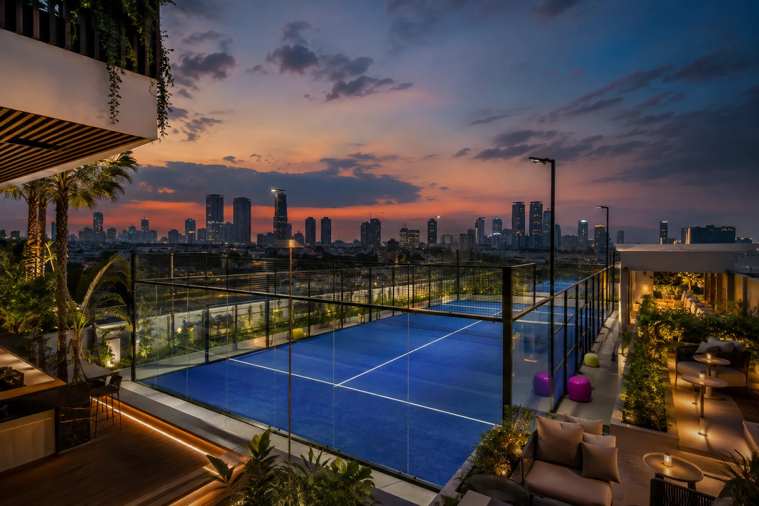 Visualisasi konsep lapangan padel rooftop premium saat matahari terbenam